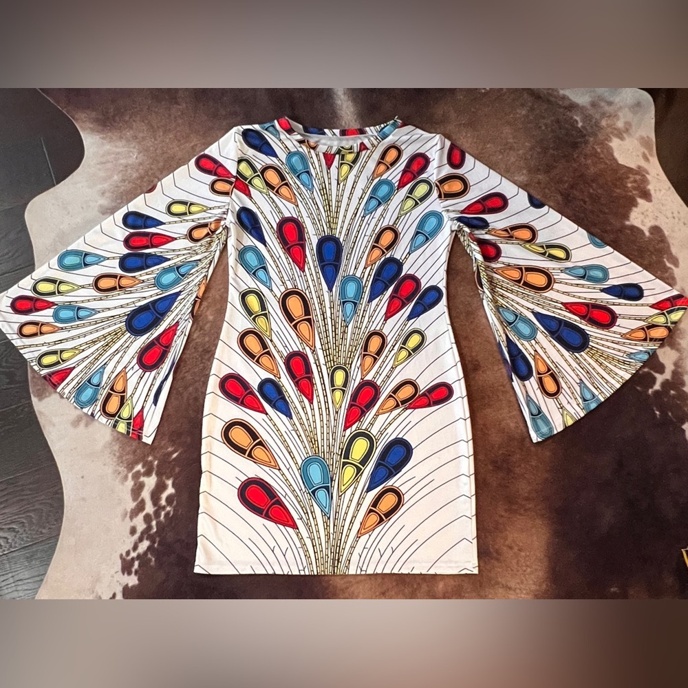 Colorful Peacock Print Bell Sleeve Retro Inspired Shift Dress~XL